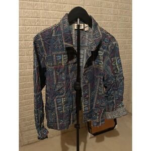 Chico's Design Denim Jacket Embroidered Geometric Southwest Native Americ Size 2